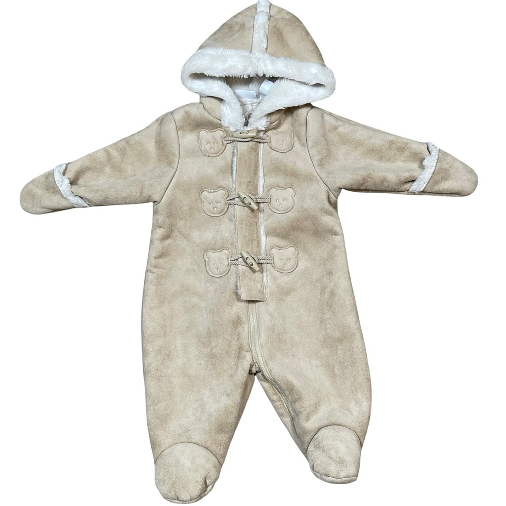 Vintage Cuddle Bear Faux Suede Hooded Bunting Unisex 0-3M Tan Bear Snowsuit
